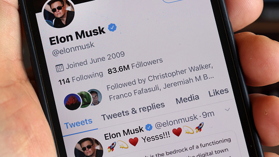 The Twitter profile of Elon Musk with more than 80 million followers in shown on a cell phone on Ap...