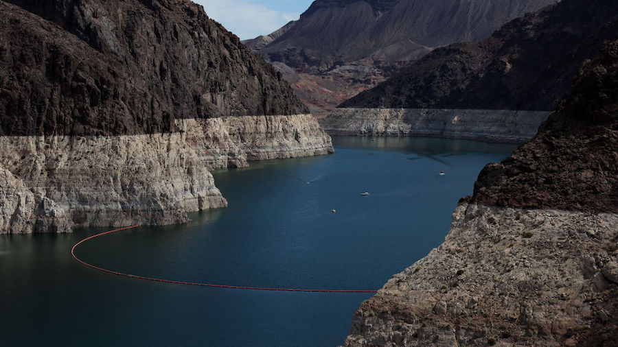A bleached 'bathtub ring' is visible on the banks of Lake Mead near the Hoover Dam on August 19, 20...