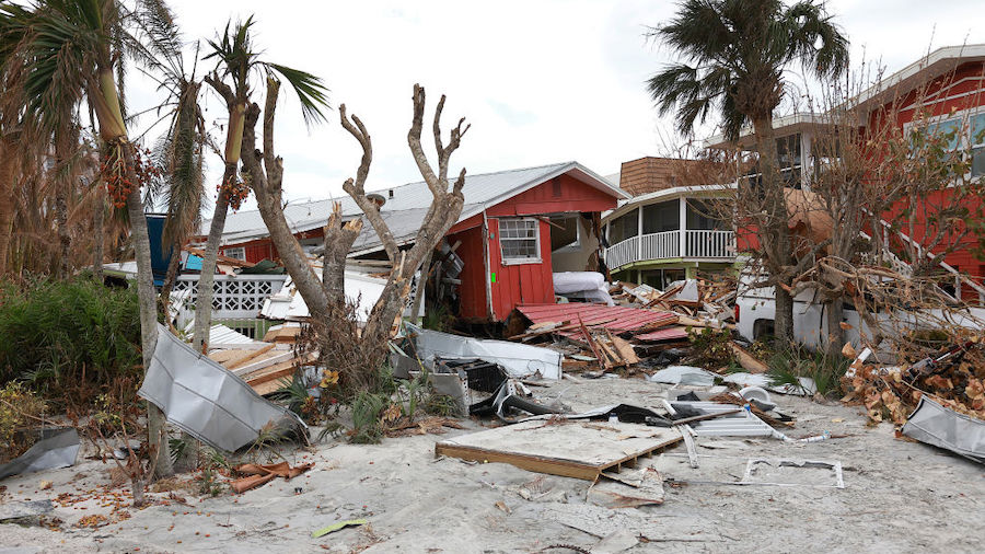 A destroyed building sits among debris after Hurricane Ian passed through the area on October 08, 2...
