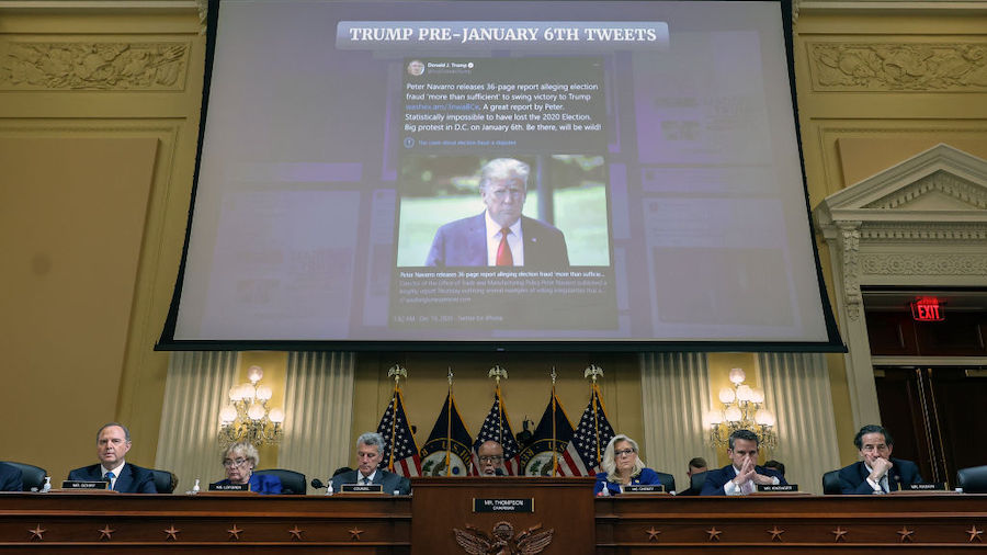 A Tweet from former President Donald Trump is displayed during a hearing by the House Select Commit...