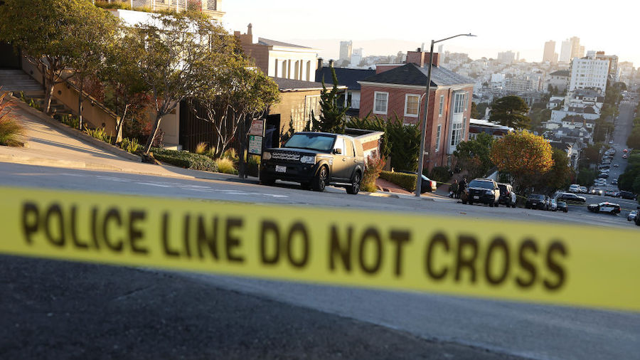 Police tape is seen in front of the home of U.S. Speaker of the House Nancy Pelosi (D-CA) on Octobe...