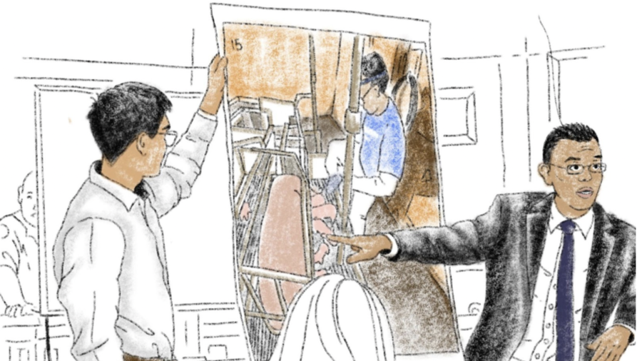 Artist rendering of defendant Wayne Hsiung, who is representing himself, presenting photographic ev...