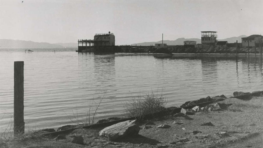 A photo of an old boat harbor by the Great Salt Lake shoreline taken sometime between 1940 and 1960...