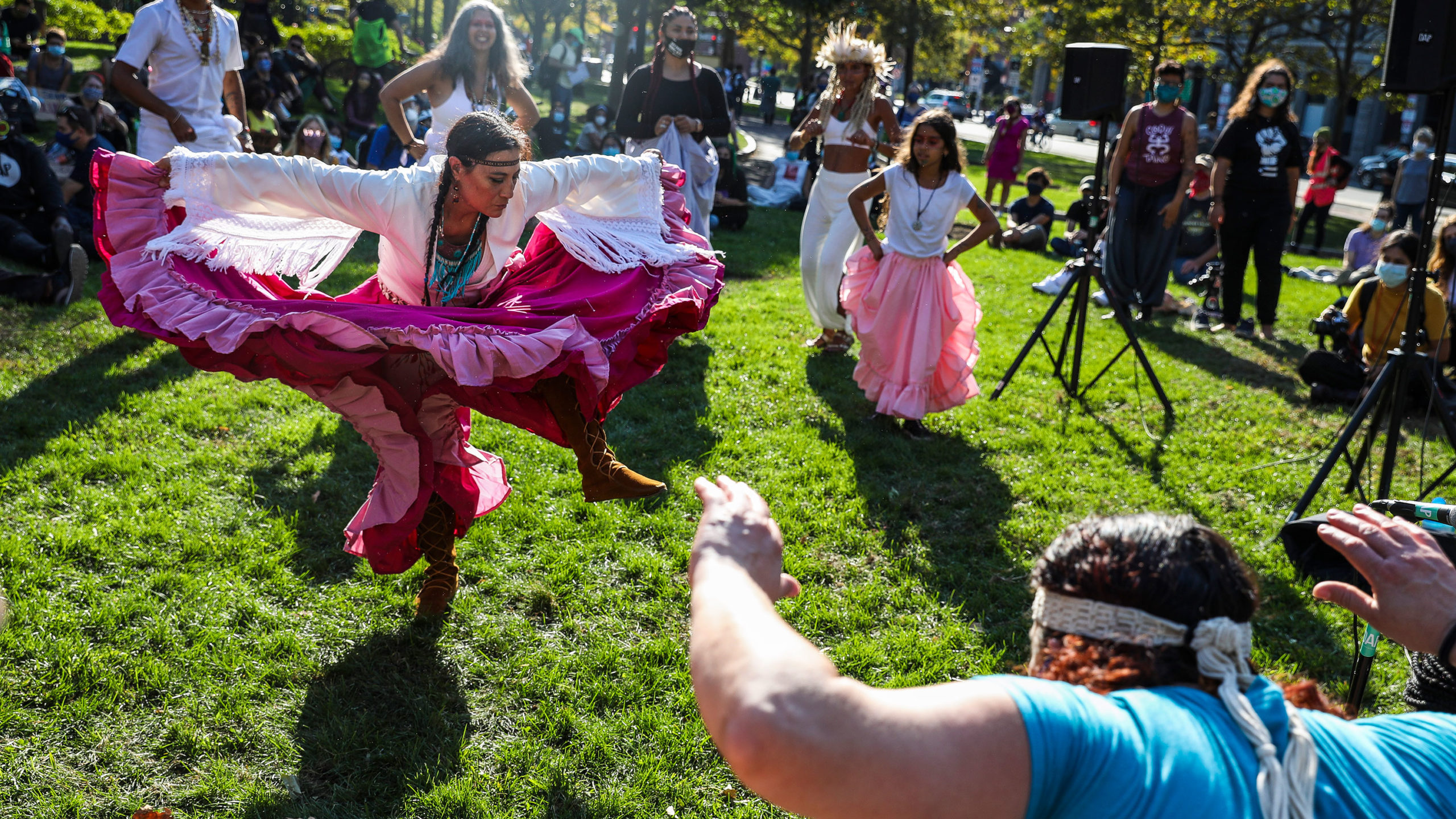 BOSTON, MA - OCTOBER 10: Chali'Naru Dones, with the United Confederation of Taino People, dances in...