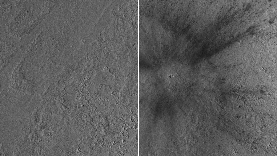 Before and after photos taken by the Mars Reconnaissance Orbiter show where a meteoroid slammed int...