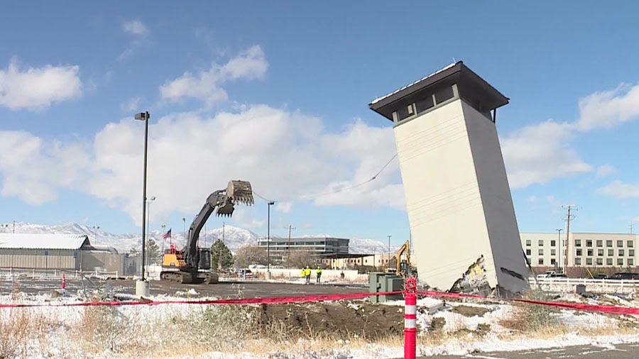 Demolition crews tearing down a guard tower at the old Draper prison. (KSL-TV)...
