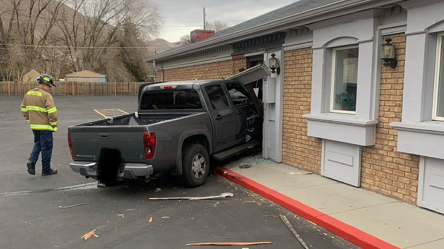 The crashed truck inside the Springville insurance office. (Mapleton City Fire Department)...
