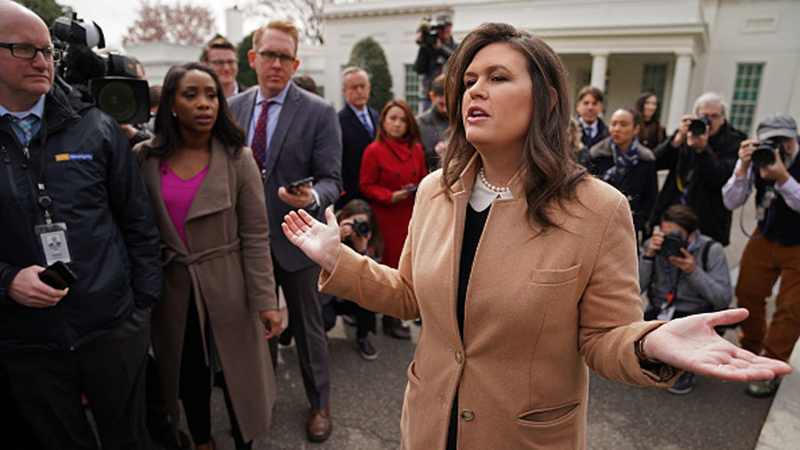 WASHINGTON, DC - APRIL 02: White House Press Secretary Sarah Huckabee Sanders talks to journalists ...