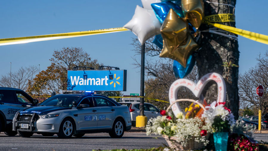 A memorial is seen at the site of a fatal shooting in a Walmart on November 23, 2022 in Chesapeake,...