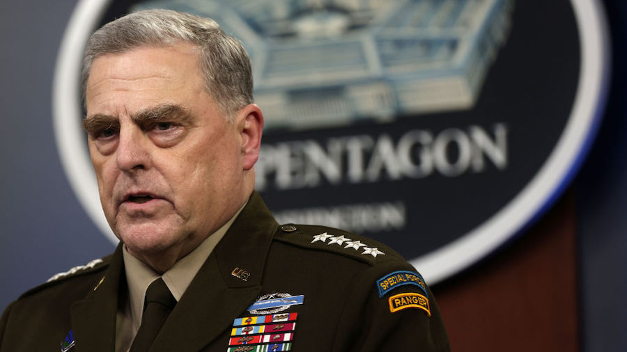 Chairman of the Joint Chiefs of Staff Army General Mark Milley participates in a news briefing at t...