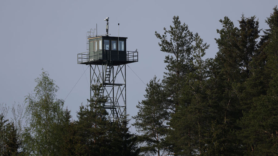 A watchtower stands the Finnish-Russian border zone at Räikkölä on May 25, 2022 near Imatra, Fin...