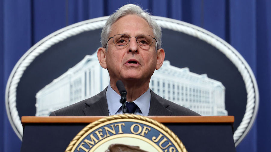 U.S. Attorney General Merrick Garland speaks at a press conference at the U.S. Department of Justic...