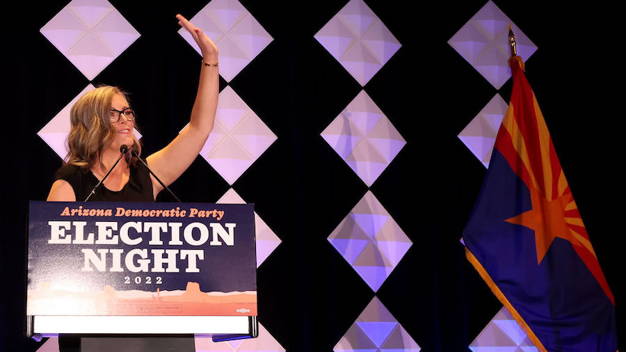 Arizona Democratic gubernatorial nominee Katie Hobbs speaks to supporters at election night watch p...