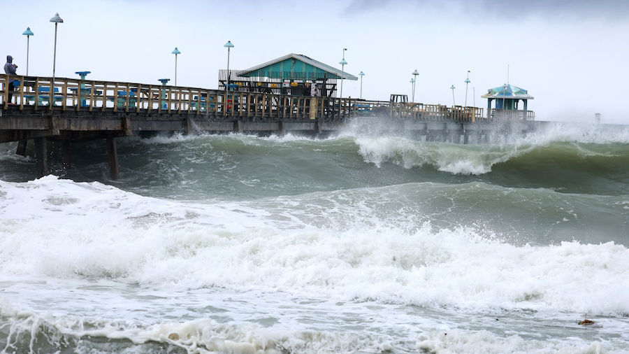 The ocean is whipped up by Tropical Storm Nicole near Anglin's Fishing Pier on November 09, 2022 in...