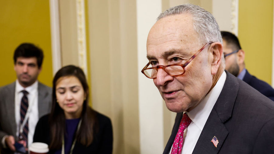 Reporters speak with Senate Majority Leader Chuck Schumer (D-NY) as he walks through the U.S. Capit...