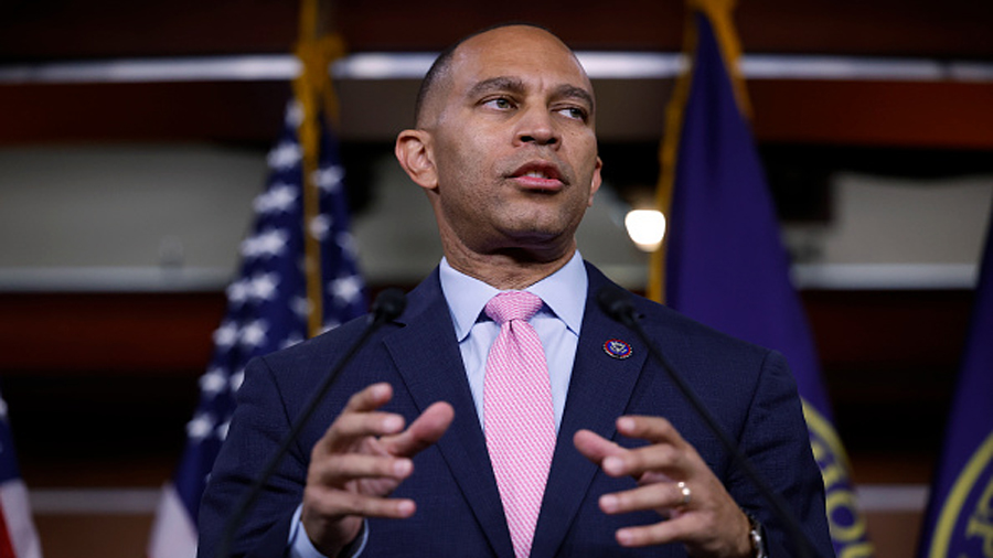 Rep. Hakeem Jeffries (D-NY) (C) holds a news conference after he was elected leader of the 118th Co...