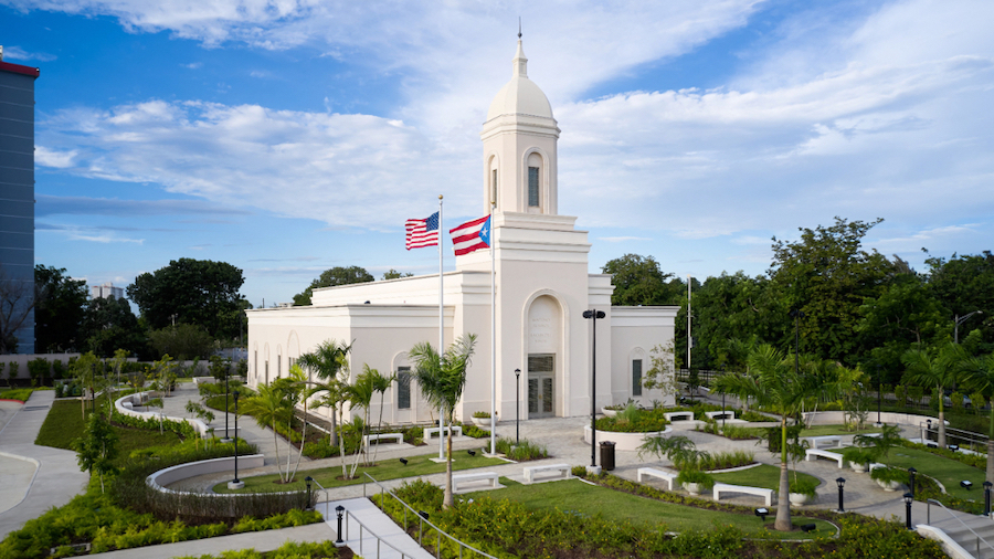 Exterior of the San Juan Puerto Rico Temple. The temple’s architecture is inspired by the Spanish...