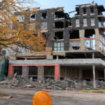 The apartment building caught fire on Oct. 26, 2022 and is yet to be demolished. (Meghan Thackrey, KSL-TV)