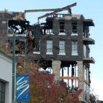 The apartment building caught fire on Oct. 26, 2022 and is yet to be demolished. (Meghan Thackrey, KSL-TV)