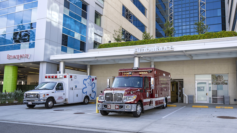 Ambulances are pictured here parked at the Children's Health of Orange County on November 1. RSV ho...