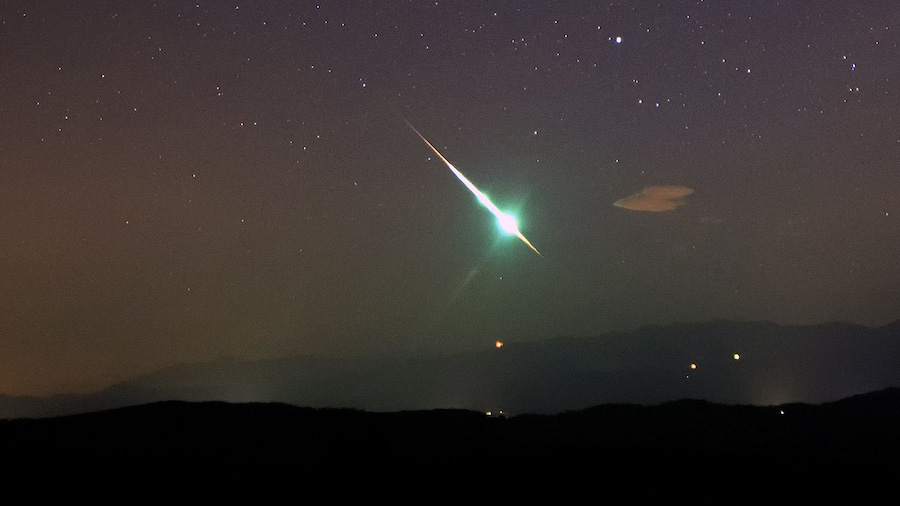 A bright fireball is seen above Brkini, Slovenia, on Nov. 12, 2015, during a Taurid swarm. This mon...