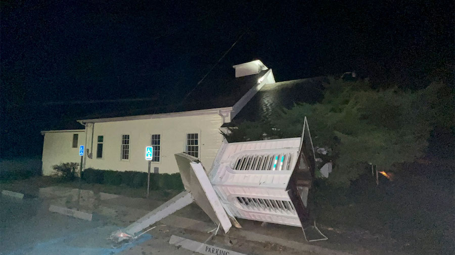 A steeple was blown off a church in the community of Steens, Mississippi, after a strong storm move...