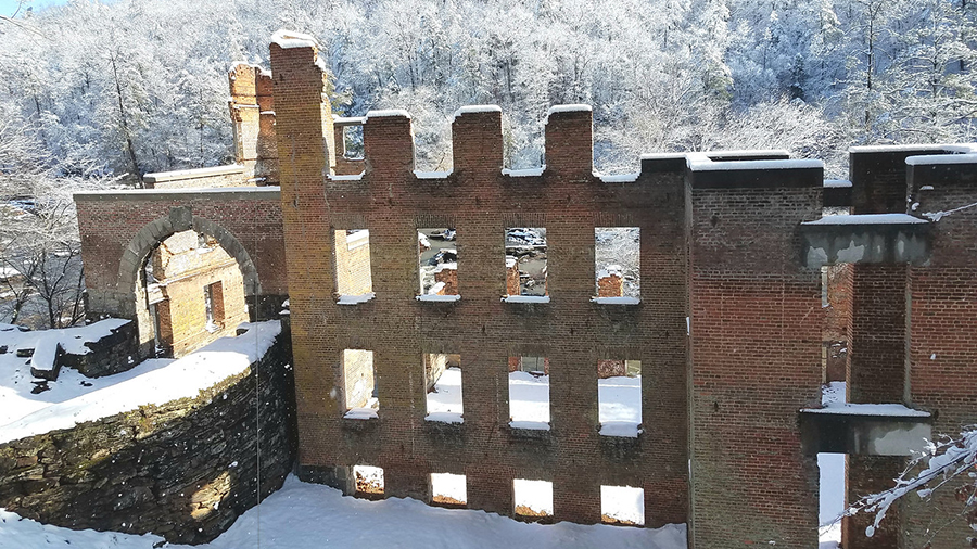 Old mill ruins and snow at Sweetwater Creek State Park in Atlanta, Georgia....