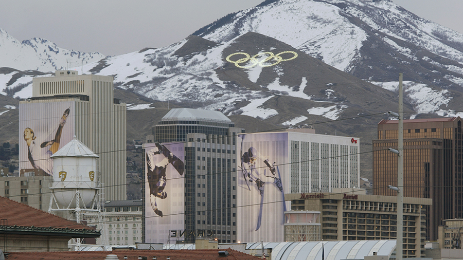 Salt Lake City with the Olympic rings on the mountain...