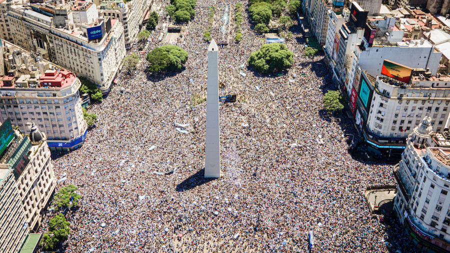 Aerial view of fans of Argentina gathering at the Obelisk as they wait for the victory parade of th...
