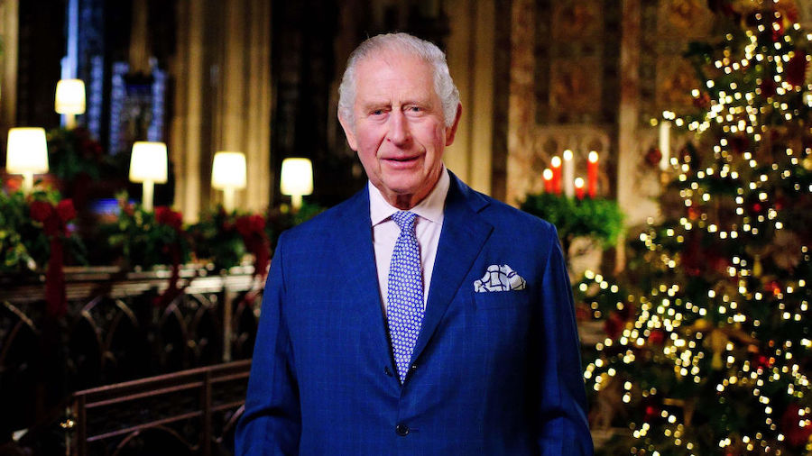 In this image released on December 23, King Charles III is seen during the recording of his first C...