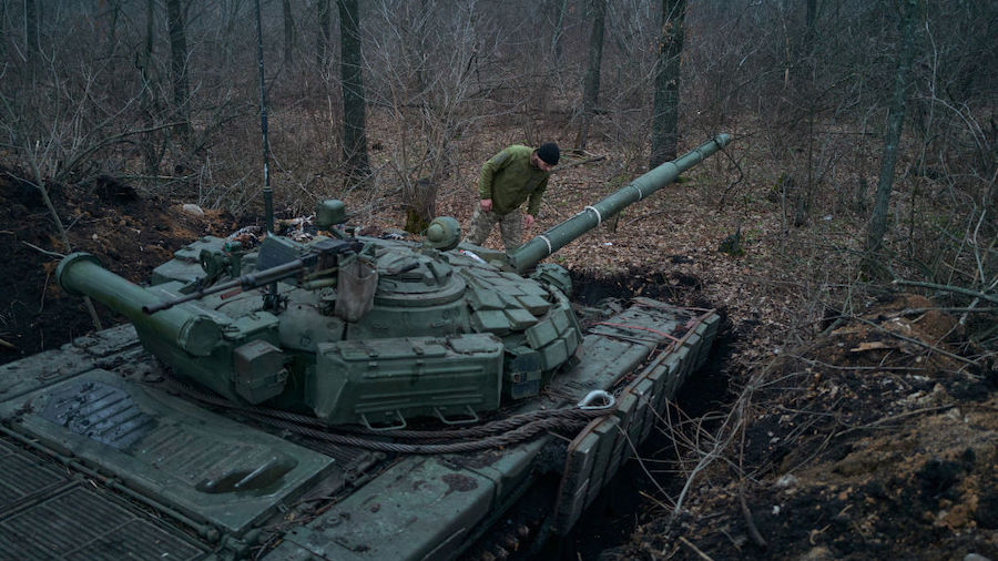 Ukrainian tanks from the second company of the tank battalion are positioned on the frontline on De...