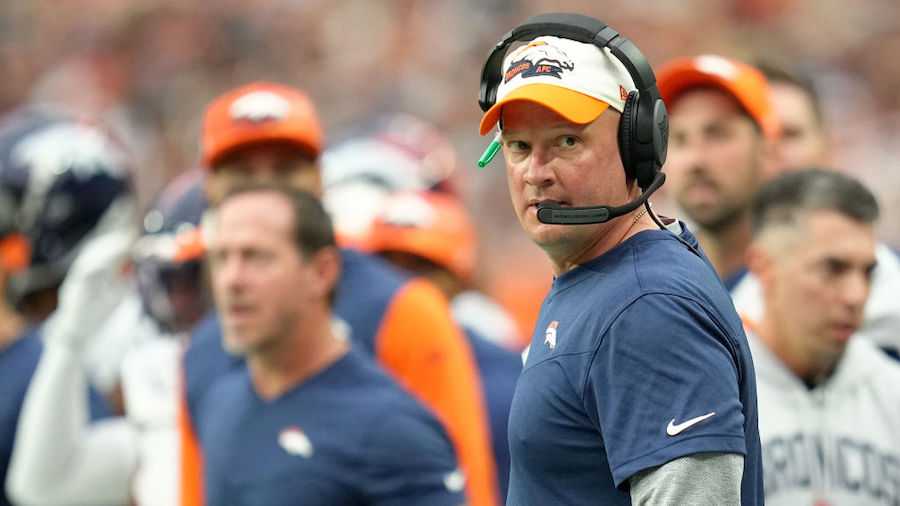 Head coach Nathaniel Hackett of the Denver Broncos looks on in the second quarter against the Las V...