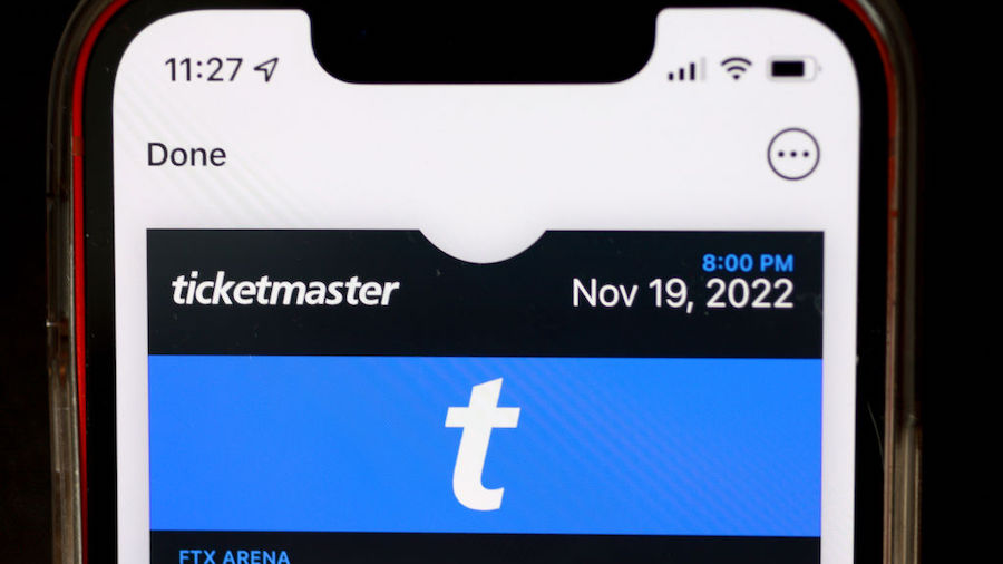 FILE: In this photo illustration, A Ticketmaster ticket is shown on a cellphone on November 18, 202...