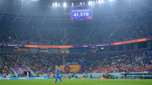 The LED board shows the match attendance during the FIFA World Cup Qatar 2022 Group G match between Serbia and Switzerland at Stadium 974 on December 02, 2022 in Doha, Qatar.