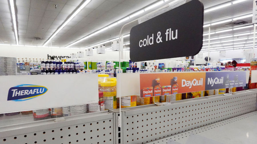 A cold and flu medicine shelf is empty in a CVS pharmacy on December 6, 2022 in Burbank, California...