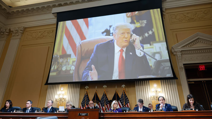 An image of former President Donald Trump is seen as the House Select Committee to Investigate the ...