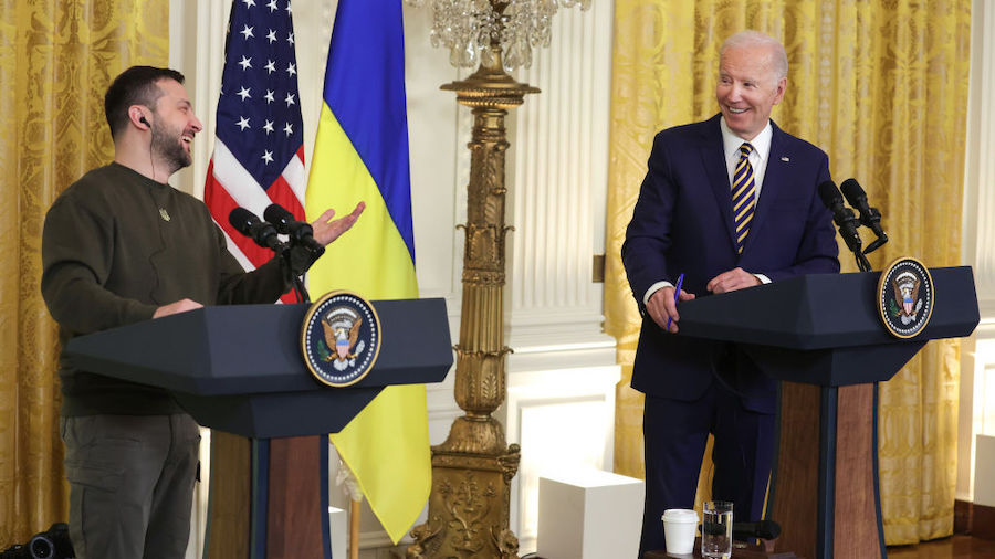 U.S. President Joe Biden (R) and President of Ukraine Volodymyr Zelensky hold a joint press confere...