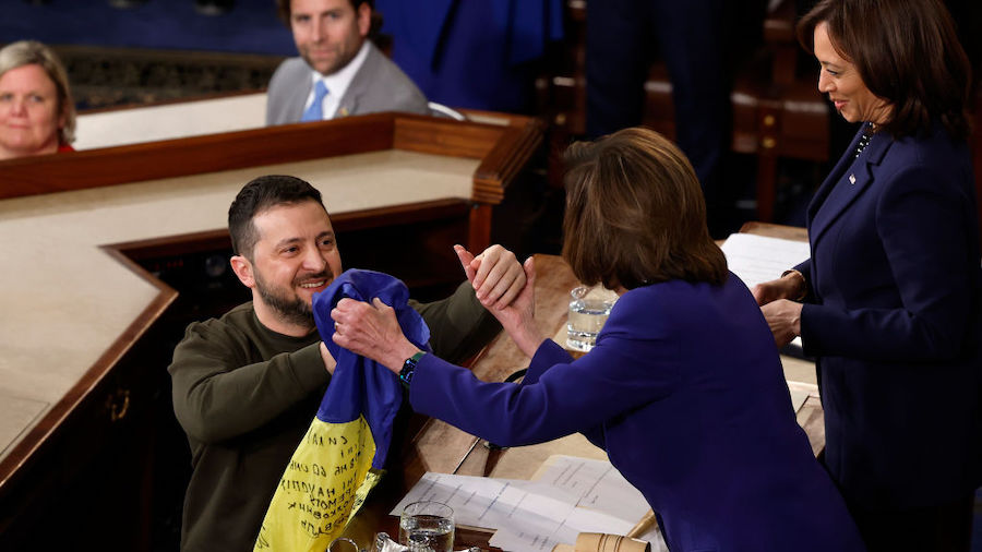 President of Ukraine Volodymyr Zelensky embraces U.S. Speaker of the House Nancy Pelosi (D-CA) afte...
