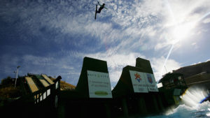 A skier is airborne on a ski jump at the 2002 Winter Games in Park City, Utah.