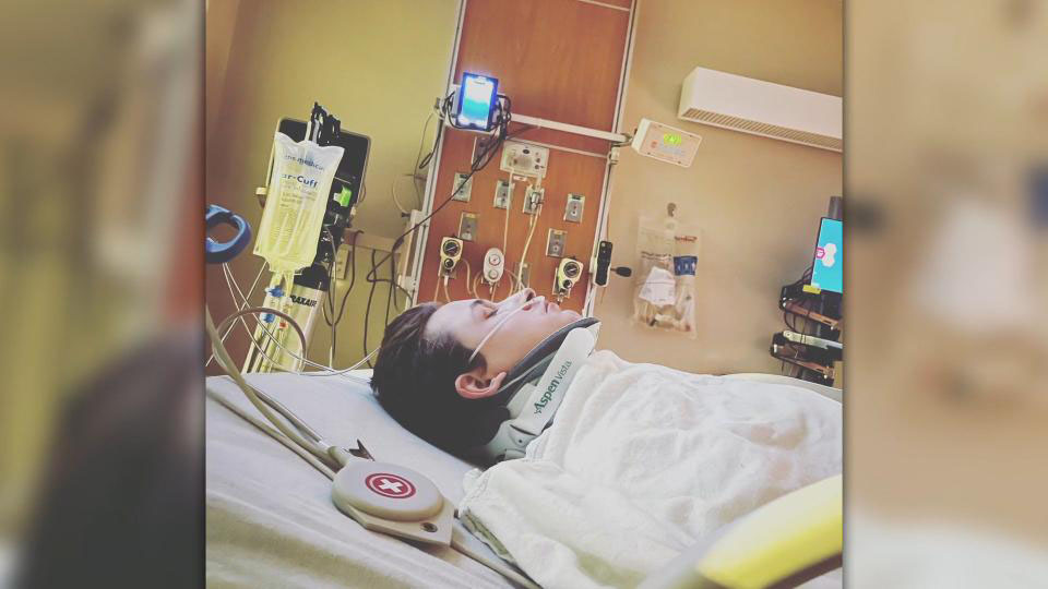 18-year-old Aza Mathew Topik, recovering in the hospital after his snowboarding accident....