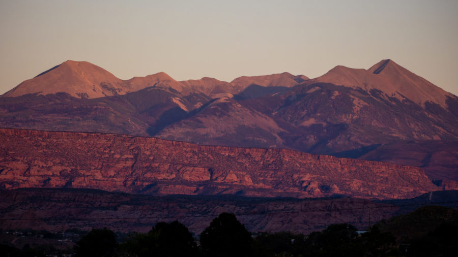 The La Sal Mountains are pictured at sunset as seen from Moab on Friday, Sept. 17, 2021. (Spenser H...