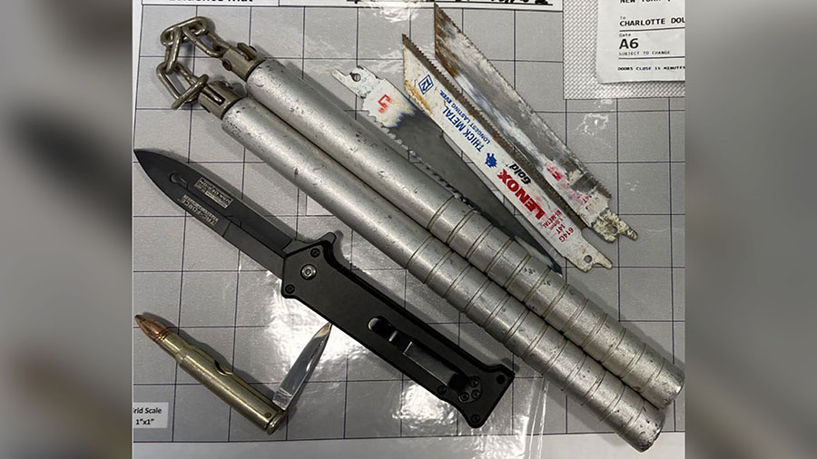 A TSA spokesman tweeted an image of the the weapons -- 3 saw blades, nunchucks, a switchblade and a...