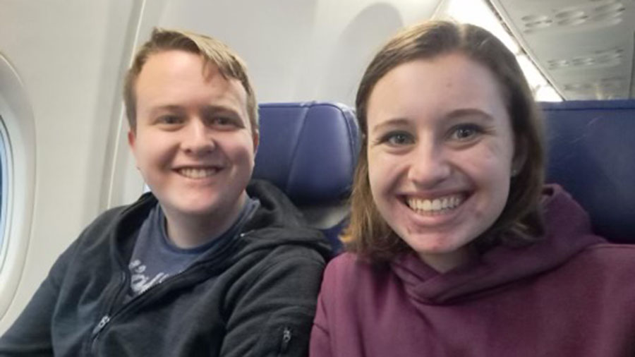 Couple Gabbie and Chandler Jensen on their flight to Dallas, before their DC flight was cancelled. ...