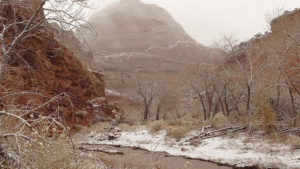 Snow is seen in red rocks of Capitol Reef National Park.