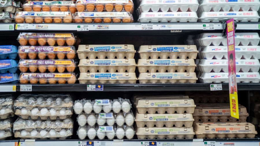 HOUSTON, TEXAS - AUGUST 15: Cartons of eggs are seen for sale in a Kroger grocery store on August 1...