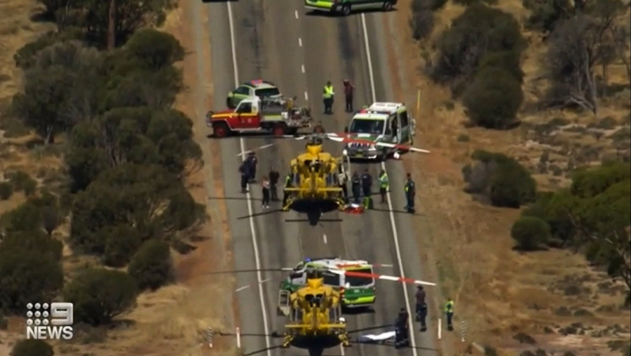 The scene of the fatal crash near Kondinin in West Australia. (Nine News Australia via CNN)...