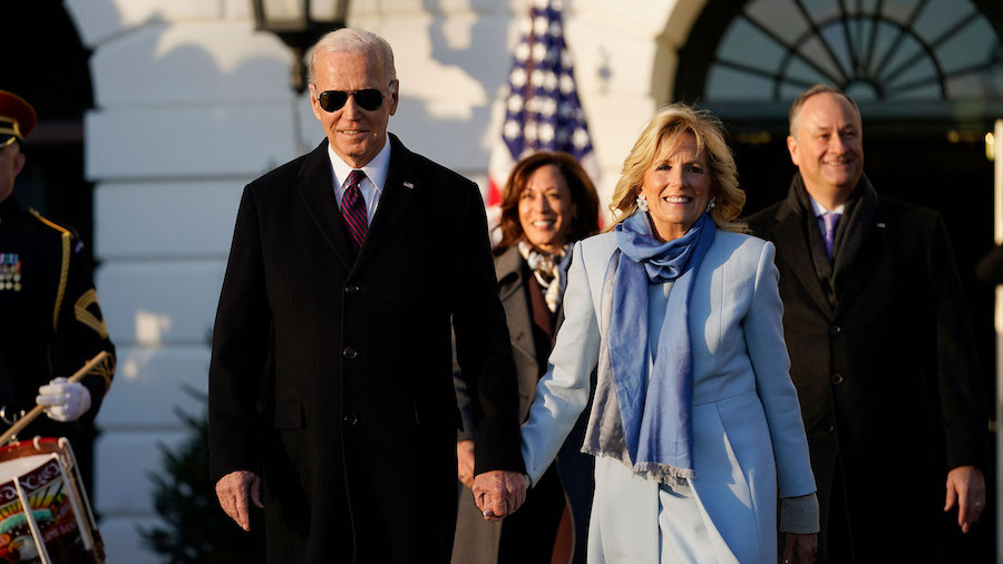 President Joe Biden (left) and first lady Jill Biden, arrive with Vice President Kamala Harris (bac...