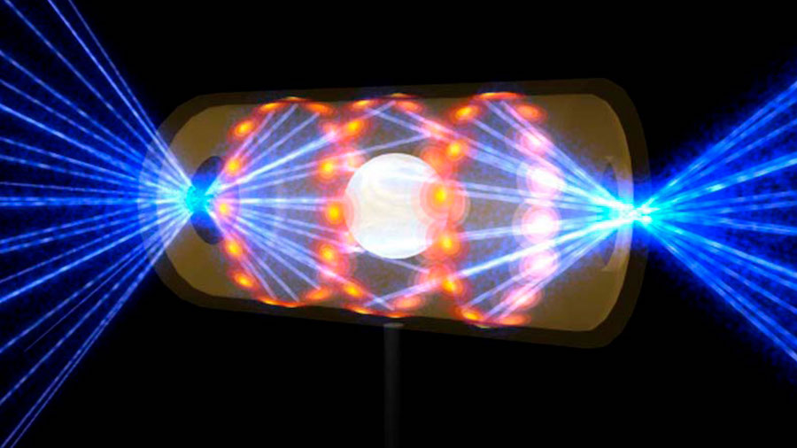 This illustration depicts a target pellet inside a hohlraum capsule with laser beams entering throu...