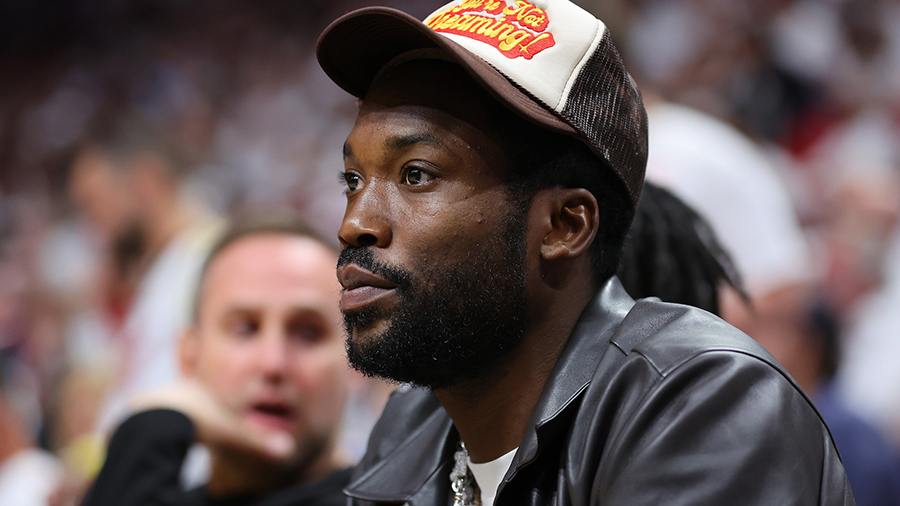 Rapper Meek Mill looks on during the first half in Game One of the Eastern Conference Semifinals be...