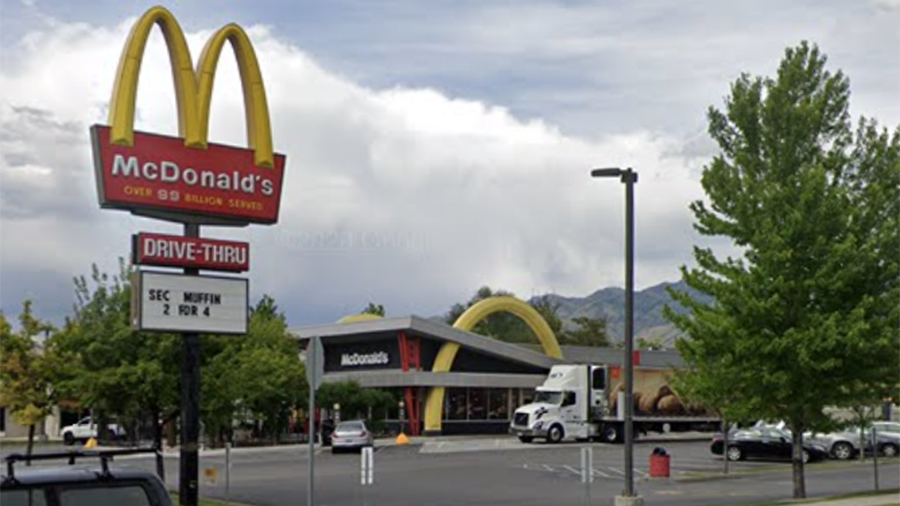 A Mcdonalds restaurant with big golden arches in Logan, Utah....